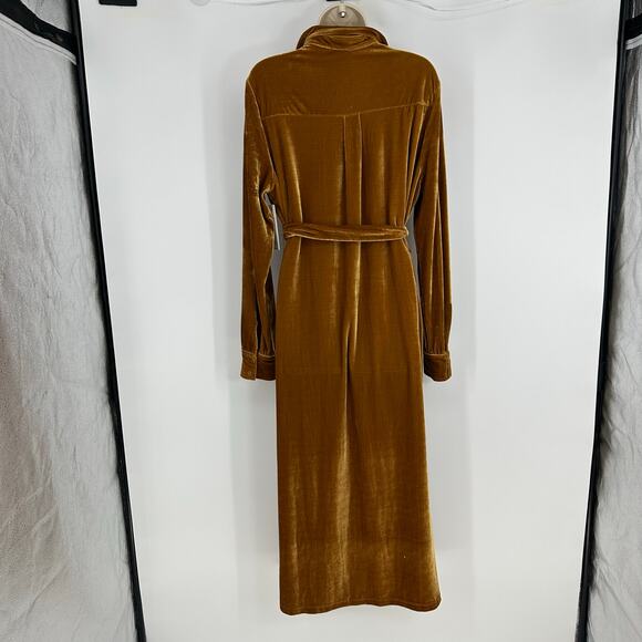 AURA Crushed Velvet Midi Shirt Dress Size S Belted Long Sleeve Honey Romantic - Picture 7 of 13